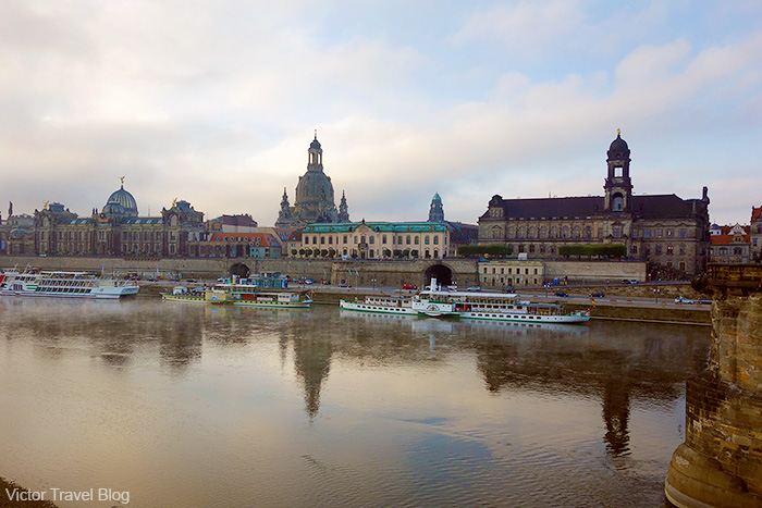 The view of the Bruhl's Terrace from the Augustus Bridge. Dresden, Saxony, Germany.